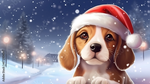 Beagle dog in red hat on blurred background during snowing, Illustration. Cute cartoon dog on bokeh street with copy space for Christmas greeting card.