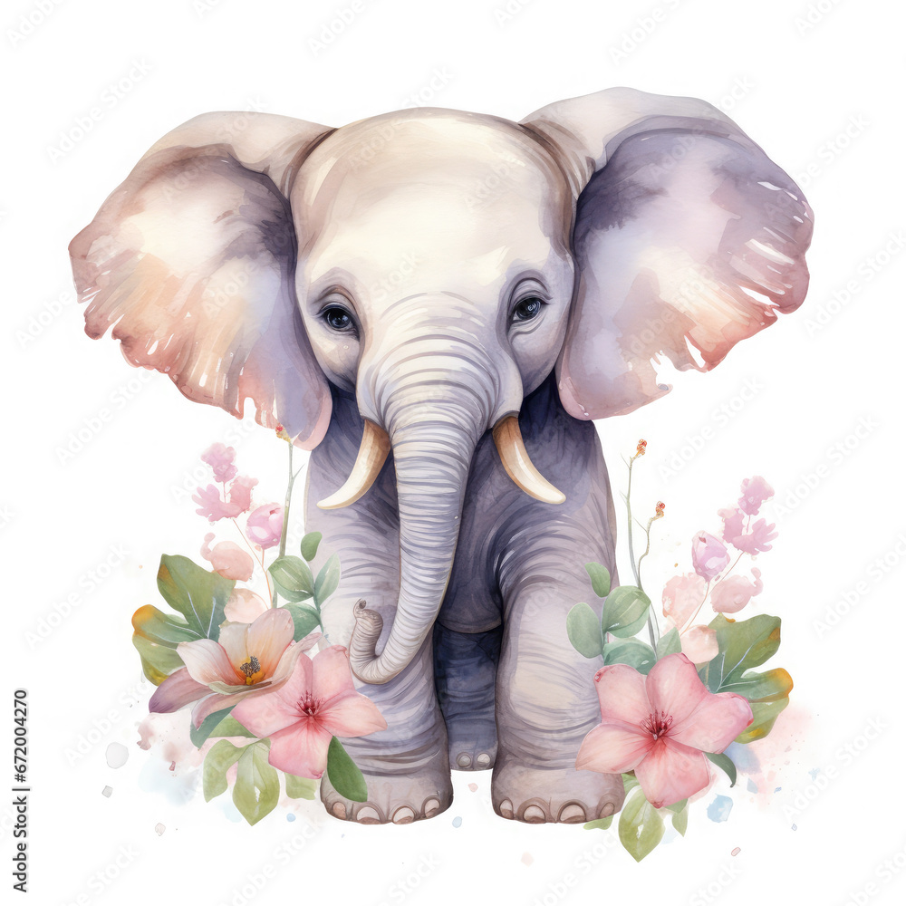 African Elephant baby animals with flower Illustration, Generative Ai