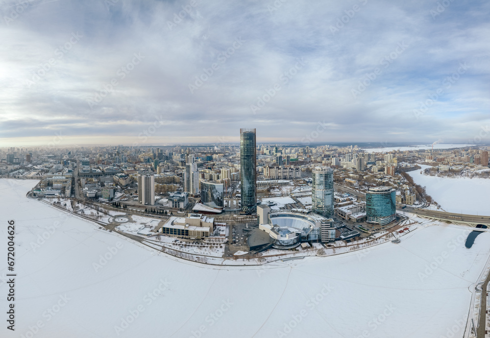Obraz premium Yekaterinburg aerial panoramic view in Winter at sunset. Ekaterinburg is the fourth largest city in Russia located in the Eurasian continent on the border of Europe and Asia.