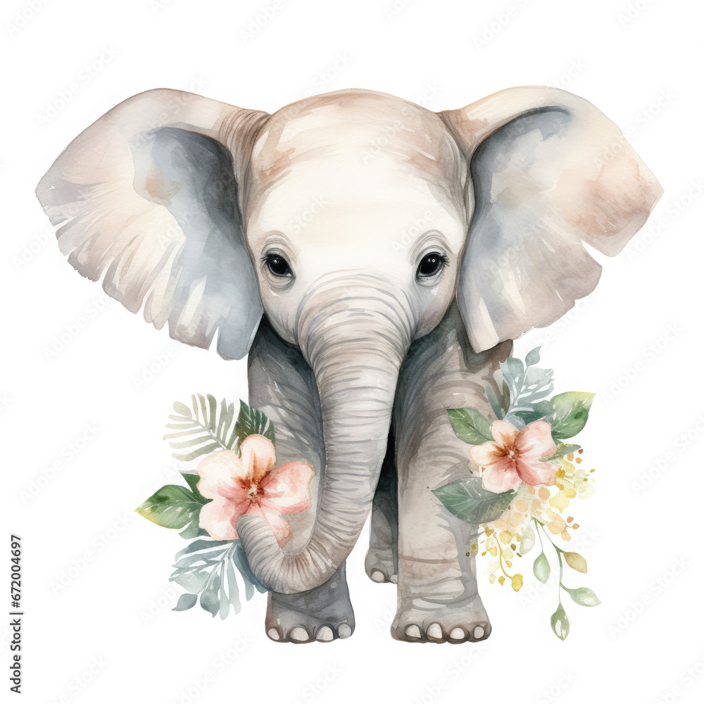 African Elephant baby animals with flower Illustration, Generative Ai