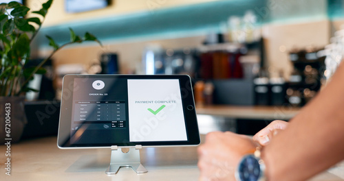 Business, restaurant and tablet for payment by online, internet or network for e commerce, fintech or digital. Technology, screen and customer for success in transaction with app for connectivity