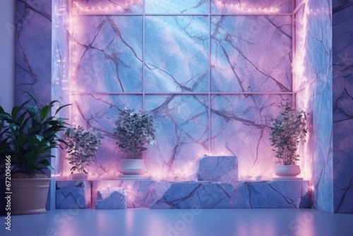 Modern balcony interior design with empty space and fairy lights. Created with Ai