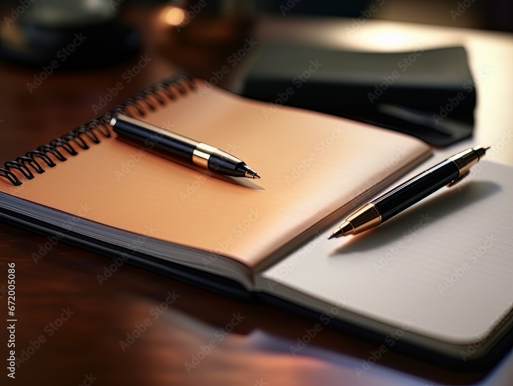 Notepad and pen on wooden desk AI Notepad and pen on wooden desk AI