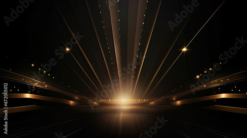 Luxury background with golden line decoration and light rays effects element with bokeh. Award ceremony design concept.