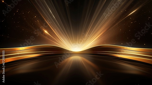 Luxury background with golden line decoration and light rays effects element with bokeh. Award ceremony design concept.