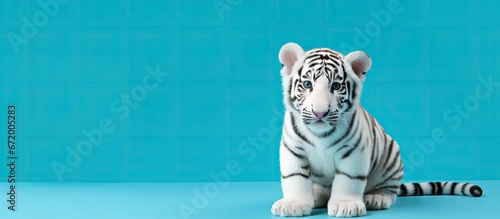 A solitary toy tiger in white set apart on a vibrant turquoise blue backdrop photo