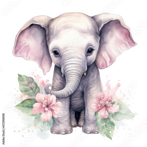 African Elephant baby animals with flower Illustration  Generative Ai