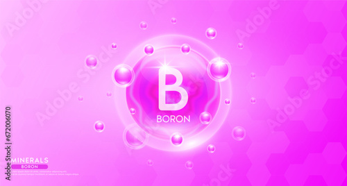 Boron minerals inside pink bubble floating in the air. Vitamins complex essential supplement to the health care. For food  nutrition and medicine. Science medical concept. Banner 3D vector.
