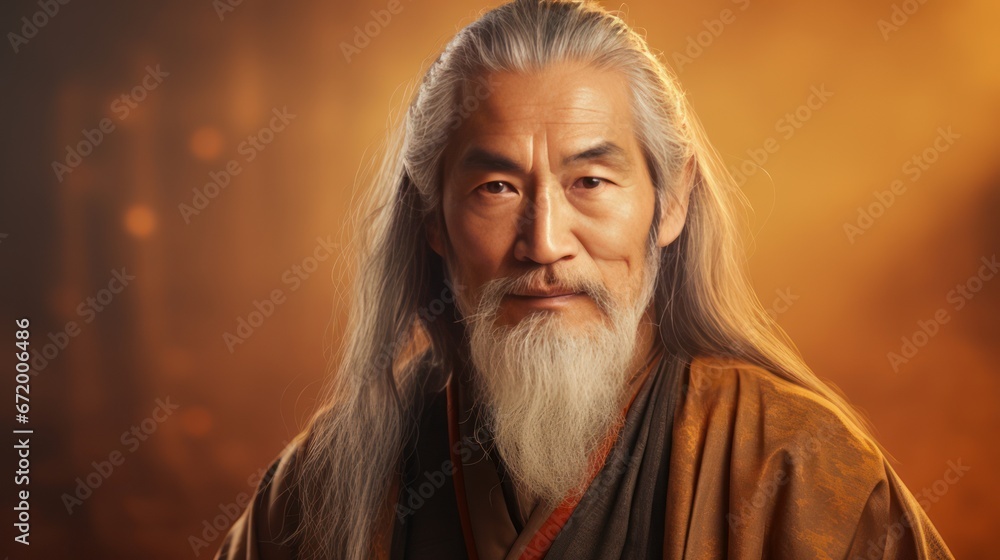 Portrait of an elderly handsome Asian senior man old with gray long hair, on a golden background, banner. Portrait of an elderly handsome Asian senior man old with gray long hair, on a golden background, banner.