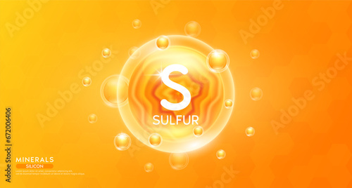 Sulfur minerals inside orange bubble floating in the air. Vitamins complex essential supplement to the health care. For food  nutrition and medicine. Science medical concept. Banner 3D vector.