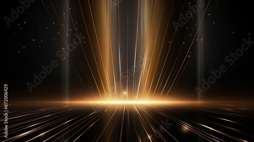 Luxury background with golden line decoration and light rays effects element with bokeh. Award ceremony design concept.