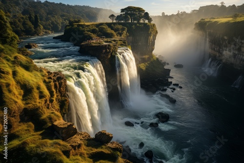 Bird's-eye view photography of natural wonders such as waterfalls, canyons, and coastal cliffs, emphasizing their magnificent scale and beauty.