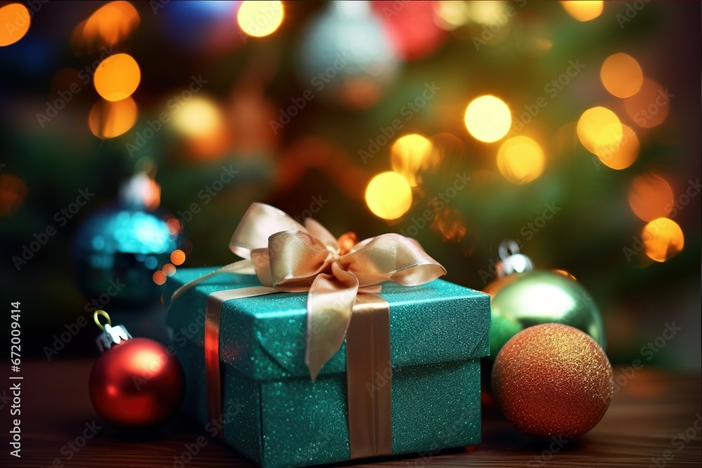 Christmas decoration by decorating wooden floors with gift boxes wrapped in festive ribbons and glittering balls against the backdrop of shimmering bokeh lights. Christmas decoration by decorating wooden floors with gift boxes wrapped in festive ribbons and glittering balls against the backdrop of shimmering bokeh lights.