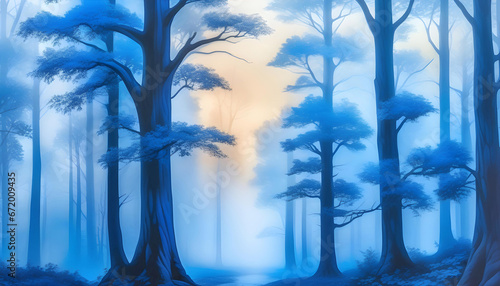 Watercolor seamless landscape pattern with blue trees in the fog