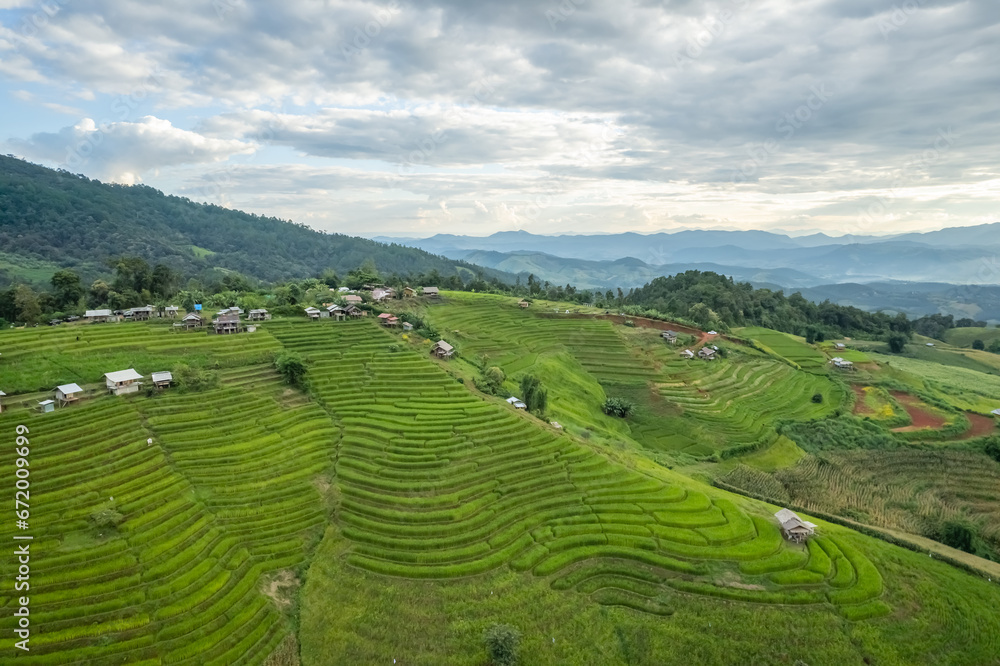 Fototapeta premium Aerial view of terrace rice field at Ban Pa Bong Piang, Chiang Mai, Thailand