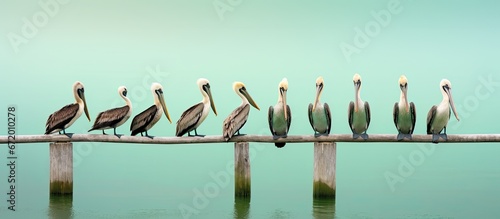 A gathering of pelicans perch on the peak of verdant marine posts fastened with cordage © AkuAku