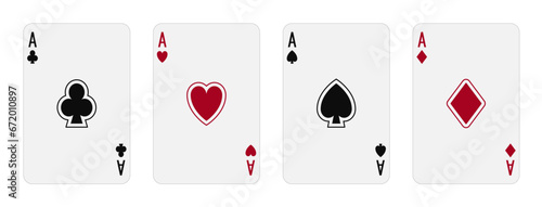 Aces. Set of poker vector playing cards. Fore  Ace suits - Spades Hearts Clubs and Diamonds. For casino, web design. Isolated on white background.