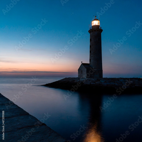 Faro en la oscuridad casi al amanecer con el mar muy tranquilo © Eric
