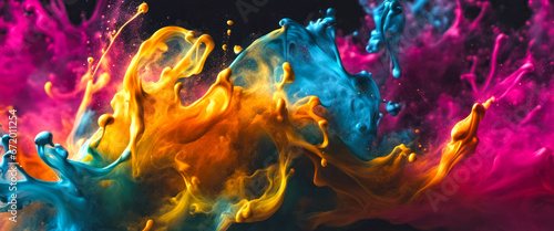 Colorful liquid smoke explosion that splashes and swirls in the air. The colors are predominantly pink, blue, and orange, and they stand out against the black background.