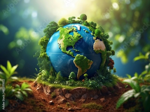 Earth-Friendly Globe  Eco-Friendly Conservation in Natural Landscape  A small model of the earth with trees on it