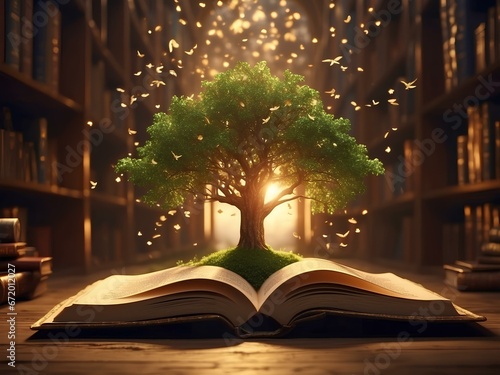 an open book with a tree growing out of it 