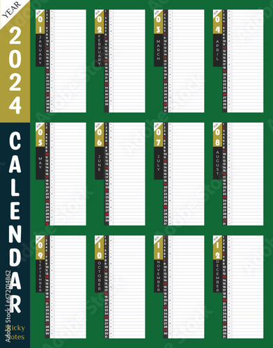 2024 Calendar premium wall or desk printable with day planner sticky note column. Nice pakistan green color background. Productivity tools for corporate use vector notes planner template.