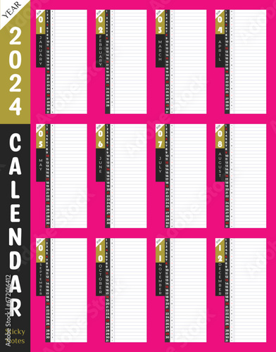 2024 Calendar premium wall or desk printable with day planner sticky note column. Nice pink color background. Use as productivity tools. Unique corporate vector notes planner template.