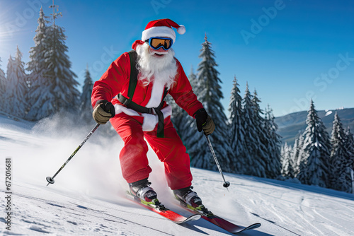 Santa Claus skis down the mountain in ski resort