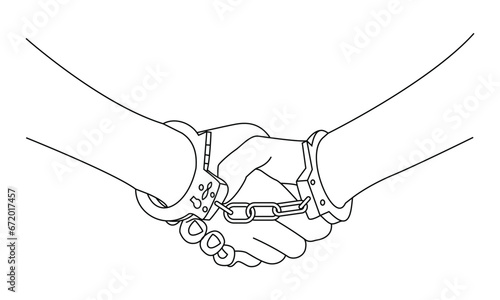 Business partners shake and while handcuffed line art vector.