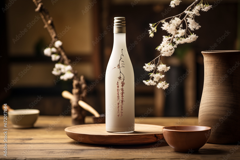 White sake bottle with flowers - obrazy, fototapety, plakaty 
