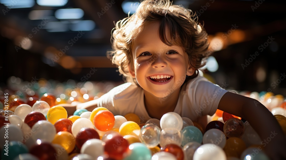 A boy plays with multi-colored plastic balls in a children's play center in party time A boy plays with multi-colored plastic balls in a children's play center in party time