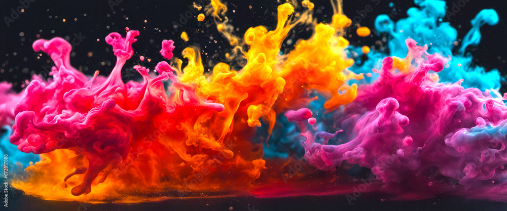Colorful smoke or liquid in motion against a black background. The colors are predominantly pink, orange, and blue.