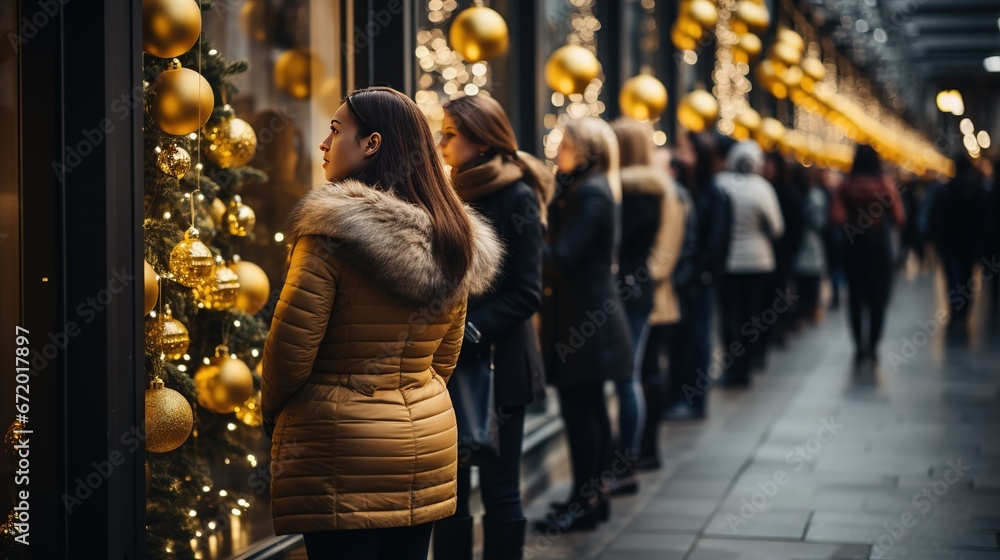 A crowd of people are queuing and looking at Christmas windows in anticipation of sales and discounts during the New Year season