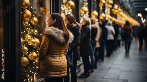 A crowd of people are queuing and looking at Christmas windows in anticipation of sales and discounts during the New Year season photo
