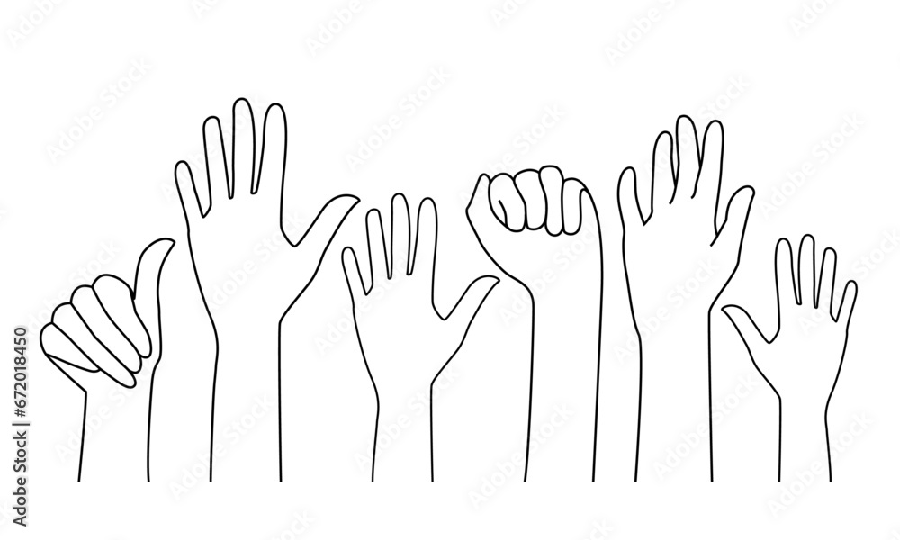Many people's hands up isolated on white background. Various hands lifted up in the air. Line art vector Black and white . Many people's hands up isolated on white background. Various hands lifted up in the air. Line art vector Black and white .