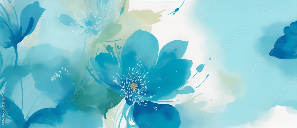 Aquarelle teal floral painting art background from Generative AI