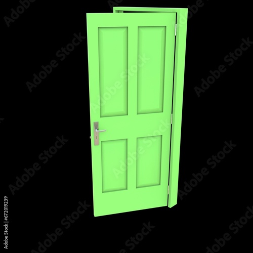 Green door Unsealed Passage against Isolated White Canvas