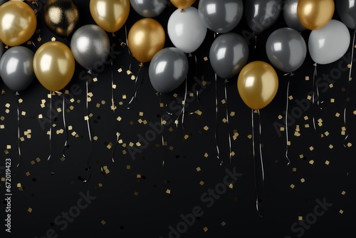 Gold and silver balloons with glittering confetti on isolated black background. Black Friday sale concept. photo