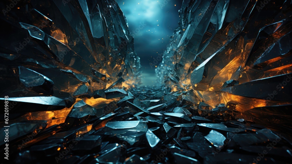 Abstract background of broken flying shards of glass and crystals on a dark background - obrazy, fototapety, plakaty 