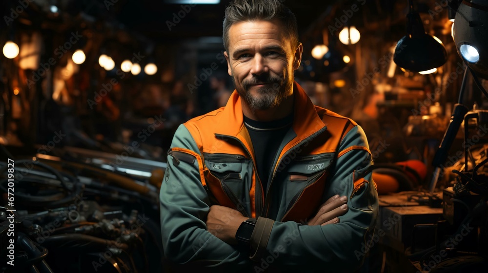 Male auto mechanic locksmith performs work on car repair at a service station workshop