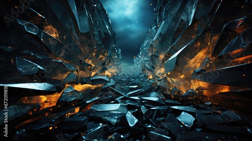 Abstract background of broken flying shards of glass and crystals on a dark background