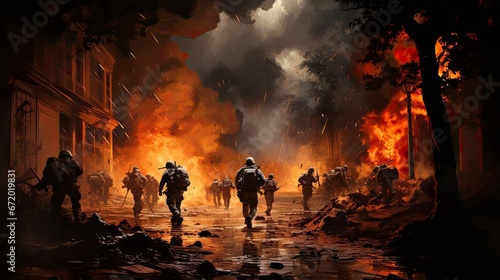Combat military operations in a city with high buildings  a modern city destroyed by explosions during the war and soldiers in broken burning concrete buildings
