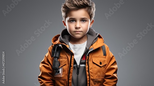 Child boy teenager in a yellow winter jacket on a dark gray background