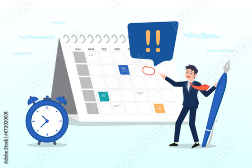Businessman with make a red circle on important day on calendar, important appointment calendar date, reminder or schedule for meeting or event, work deadline or planning for launch date (Vector)