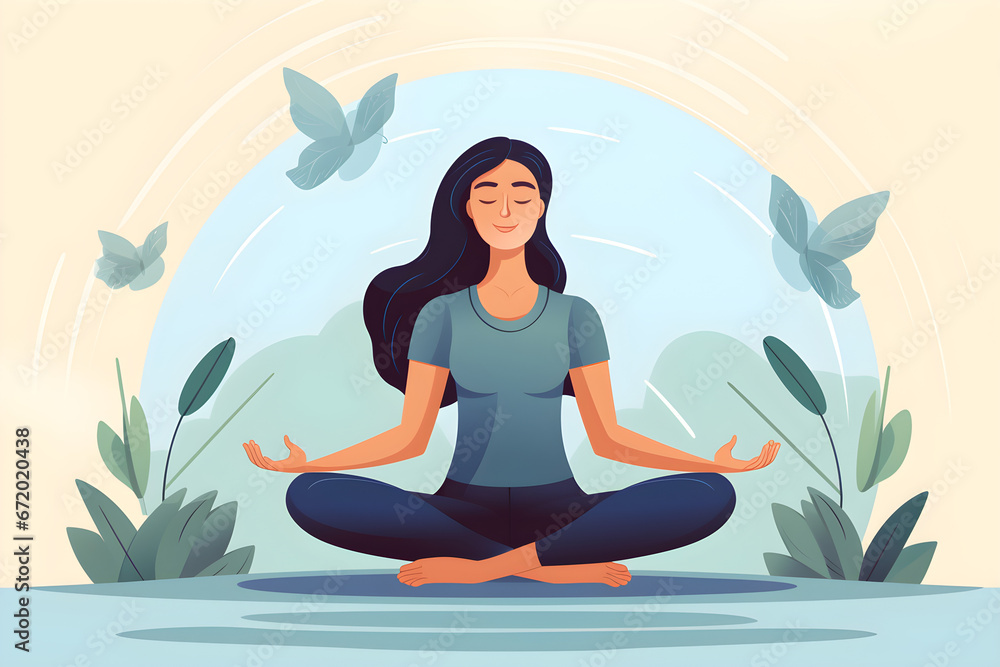healthy serene young woman meditating at home with eyes closed doing pilates breathing exercises, relaxing body and mind sitting on floor in living room. Mental health and meditation for no stress