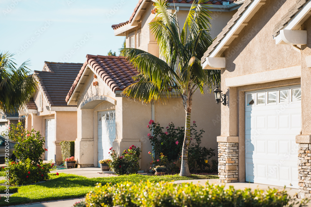 Fototapeta premium Beautiful houses with nicely landscaped front yard at sunset. Architecture, ornamental plants and flowers, palm trees