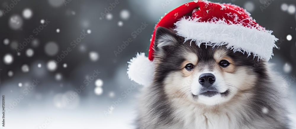 A Lapphund dog from Finland is portrayed outside wearing a Santa hat during the winter season A Lapphund dog from Finland is portrayed outside wearing a Santa hat during the winter season