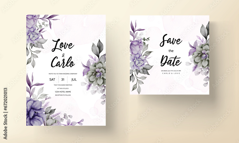 beautiful grey and purple flower invitation card