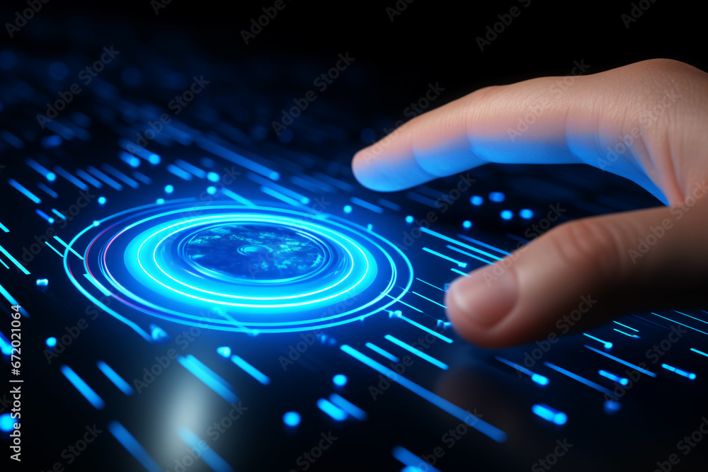 Fototapeta premium Businessman fingerprint scanning and biometric authentication on touch screen interface. Cybersecurity and fingerprint password technology. Generative ai