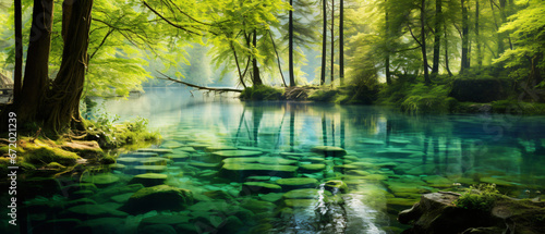 Colorful spring scene of green forest with pure water © Mishu